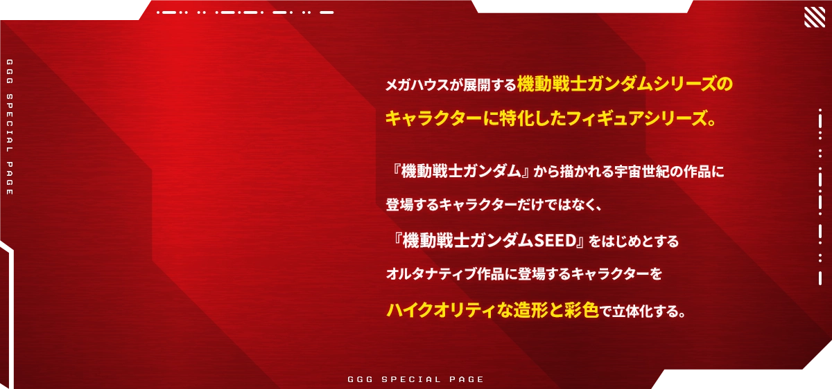 メガハウスが展開する機動戦士ガンダムシリーズのキャラクターに特化したフィギュアシリーズ。『機動戦士ガンダム』から描かれる宇宙世紀の作品に登場するキャラクターだけではなく、『機動戦士ガンダムSEED』をはじめとするオルタナティブ作品に登場するキャラクターをハイクオリティな造形と彩色で立体化する。